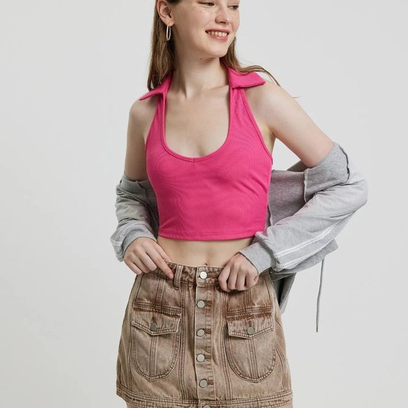 Women Ribbed Crop Top Size XS Pink-Magenta Halter Neck Backless Sleeveless - Picture 2 of 12